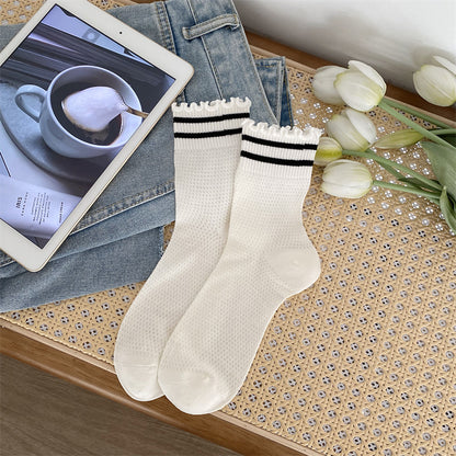 Black And White Openwork Breathable Women's Small Mid-calf Lace Women's Socks