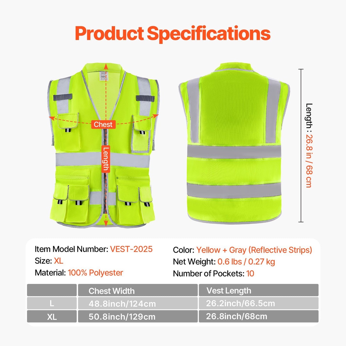 Safety Vest Reflective Yellow Work Vest With 10 Pockets For Men And Women
