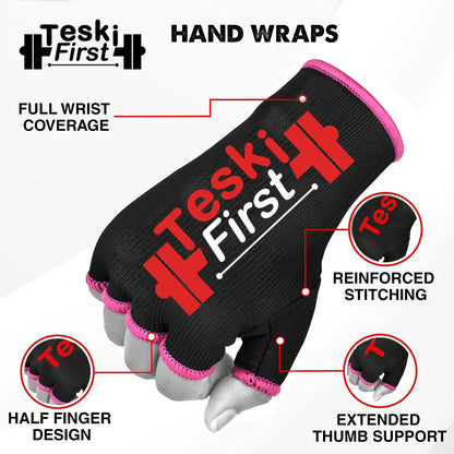 Boxing Hand Wraps Half Finger Inner Gloves for Punching - Elasticated Bandages Fist Protection - Great for MMA, Muay Thai, Kickboxing, Martial Arts Training, Combat Sports, Home Gym Workouts
