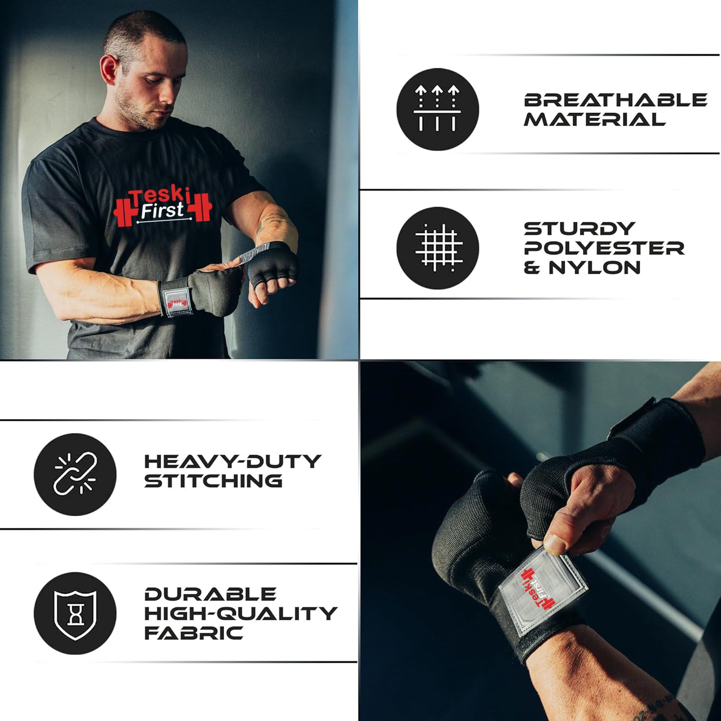 Inner Gloves with Hand Wraps Quick Wrap Long 36" Wrist Support MMA Muay Thai Bandages Punching Martial Arts Training Men Women Kickboxing Bandages Under Bag Gloves