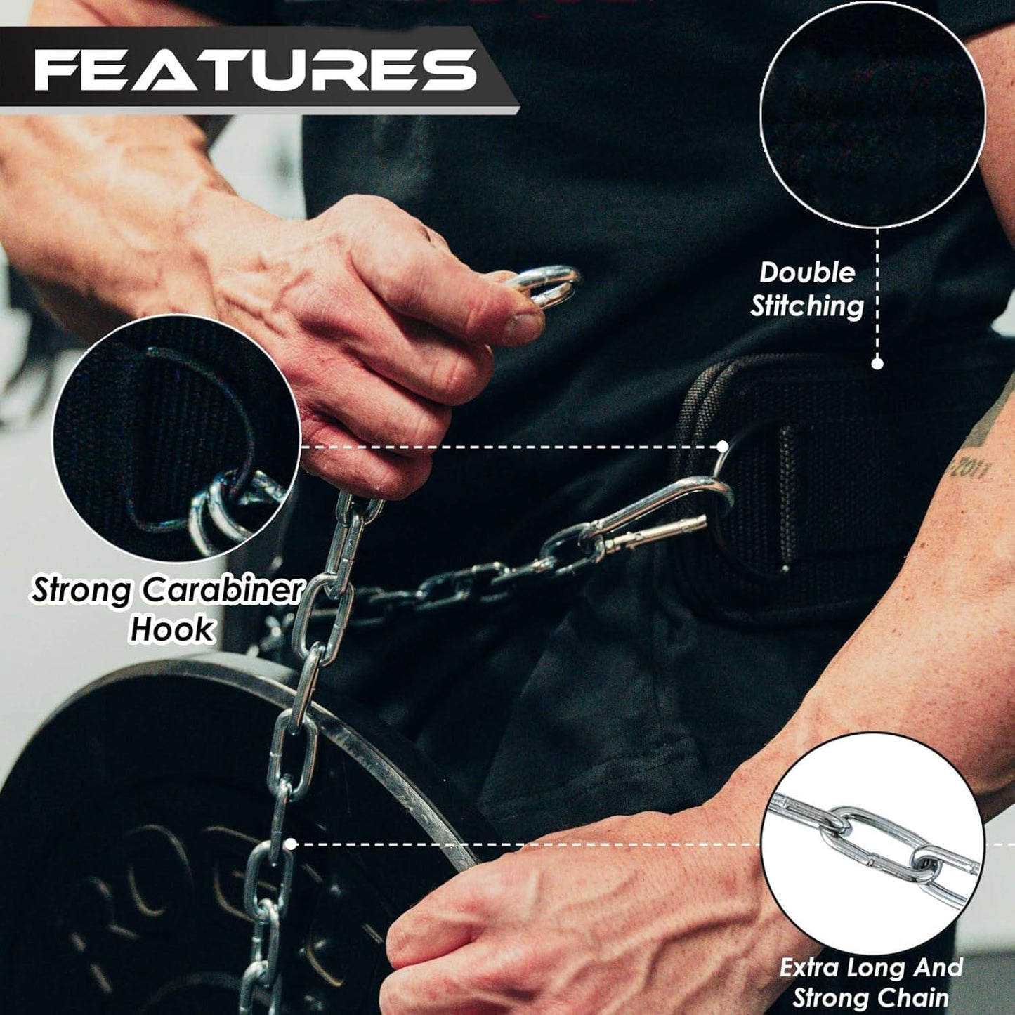 Dip Belt with Chain for Men, Weight Belt Heavy Duty 36" Steel Chain Weightlifting Dipping Powerlifting Deadlift Women Dips Bodybuilding Adjustable Carabiners Support