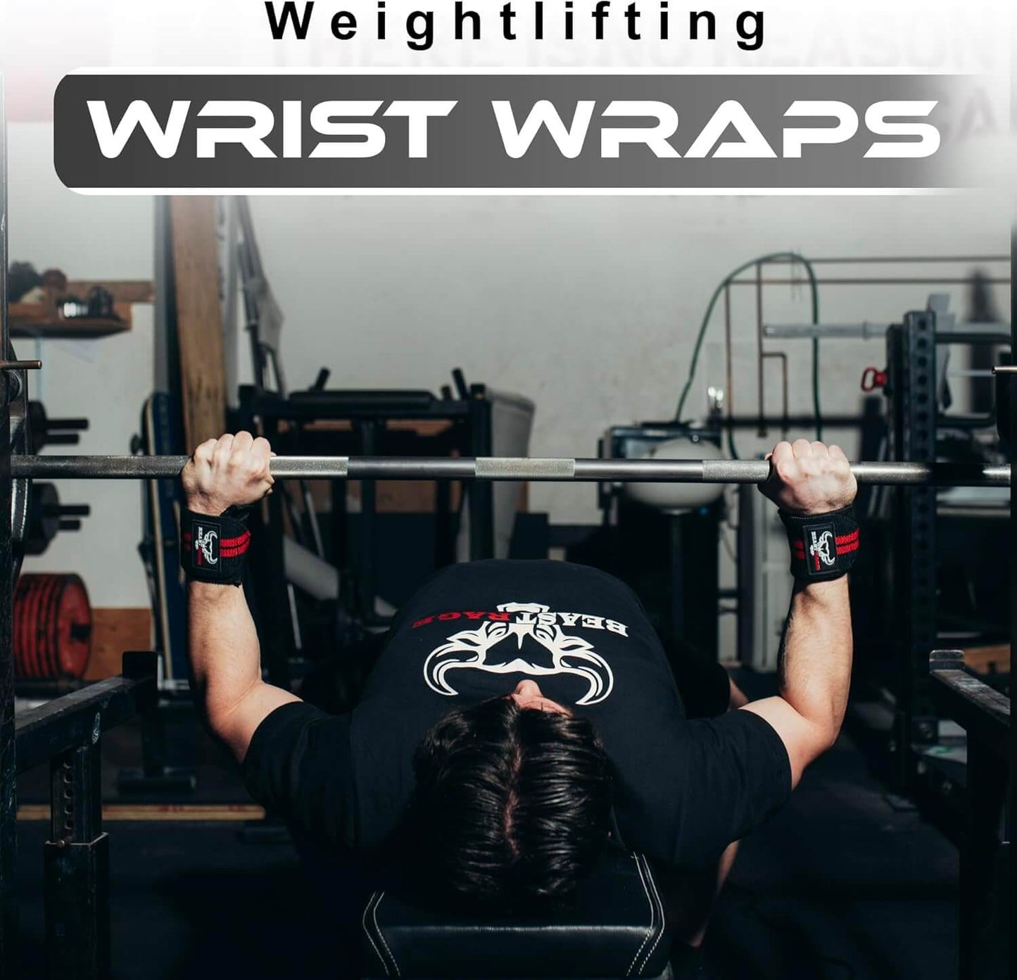 Wrist Wraps for Weightlifting - Adjustable Lifting Straps With Thumb Loop for Enhanced Gym Support in use during bench press.