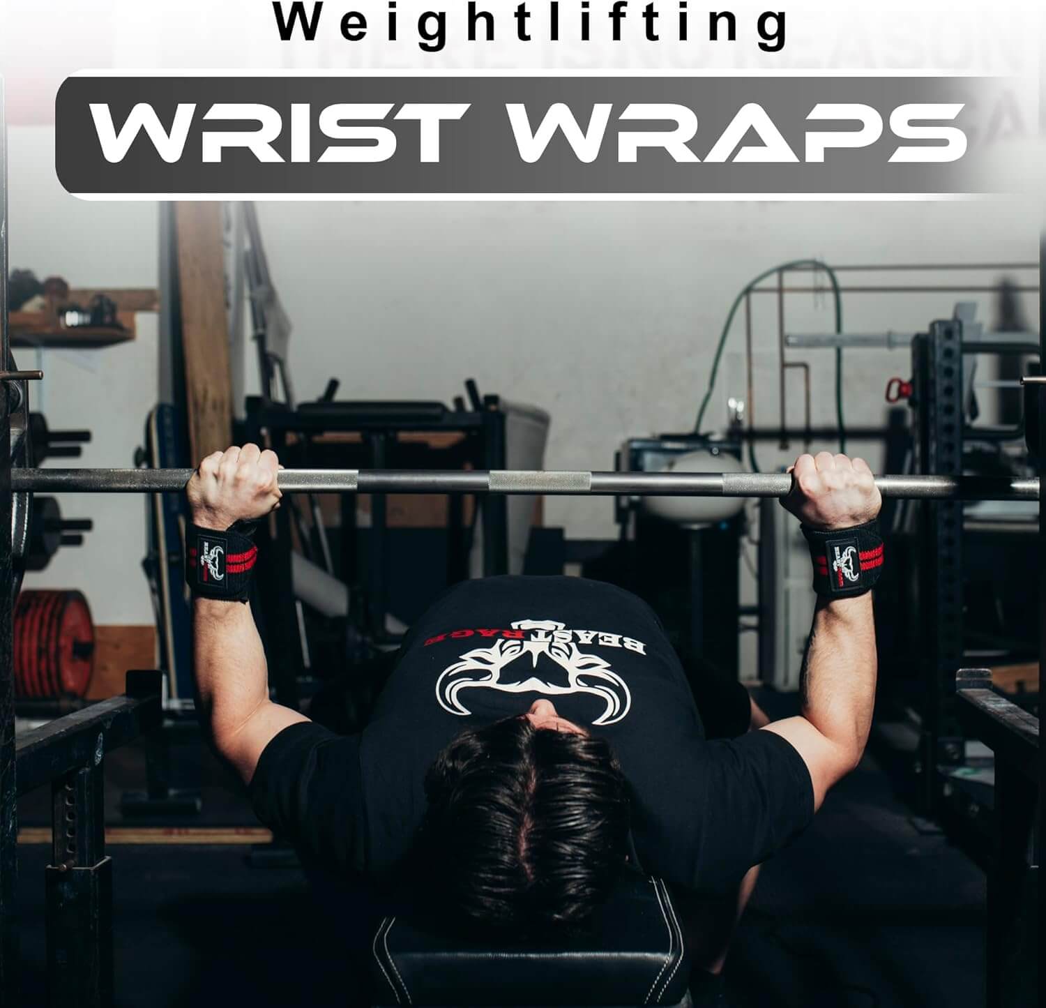 Wrist Wraps for Weightlifting - Adjustable Lifting Straps With Thumb Loop for Enhanced Gym Support in use during bench press.