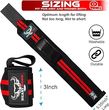 Wrist Wraps for Weightlifting - Adjustable Lifting Straps With Thumb Loop for Enhanced Gym Support, featuring durable design and sizing details.