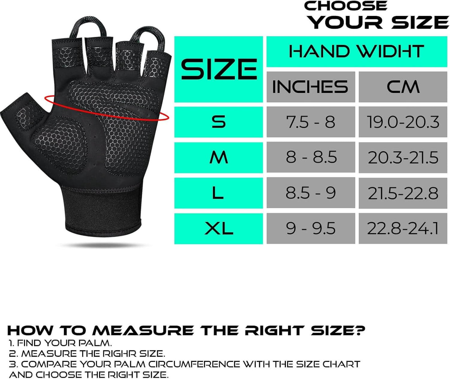 Size chart for Workout Gloves for Men, Durable Palm Grip Gym Gloves Women Half Finger Elasticated Training Weight Lifting Strength Bodybuilding Anti Slip Cycling Gloves Exercise.