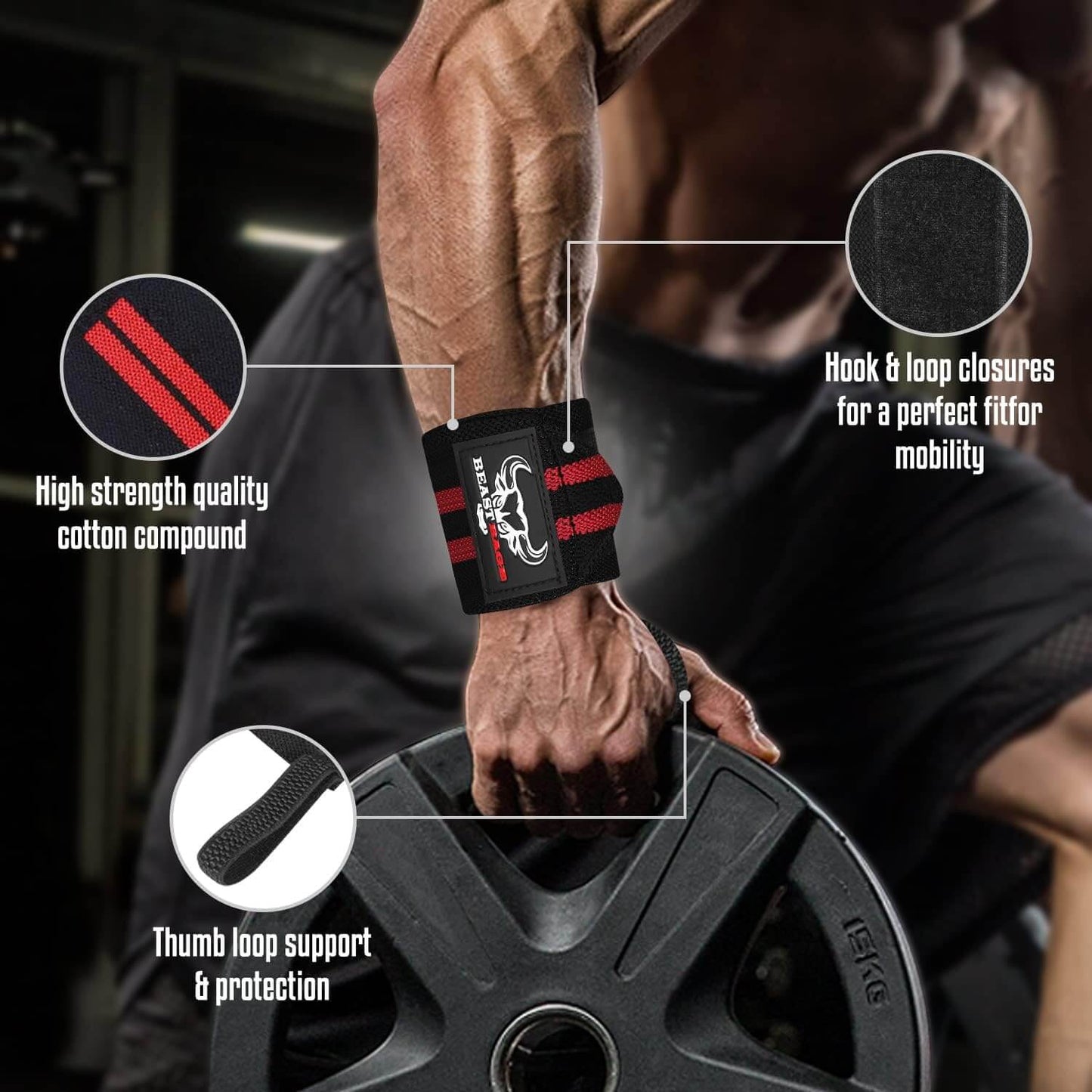 Wrist Wraps for Weightlifting - Adjustable Lifting Straps With Thumb Loop for Enhanced Gym Support, worn on a weightlifter's wrist.