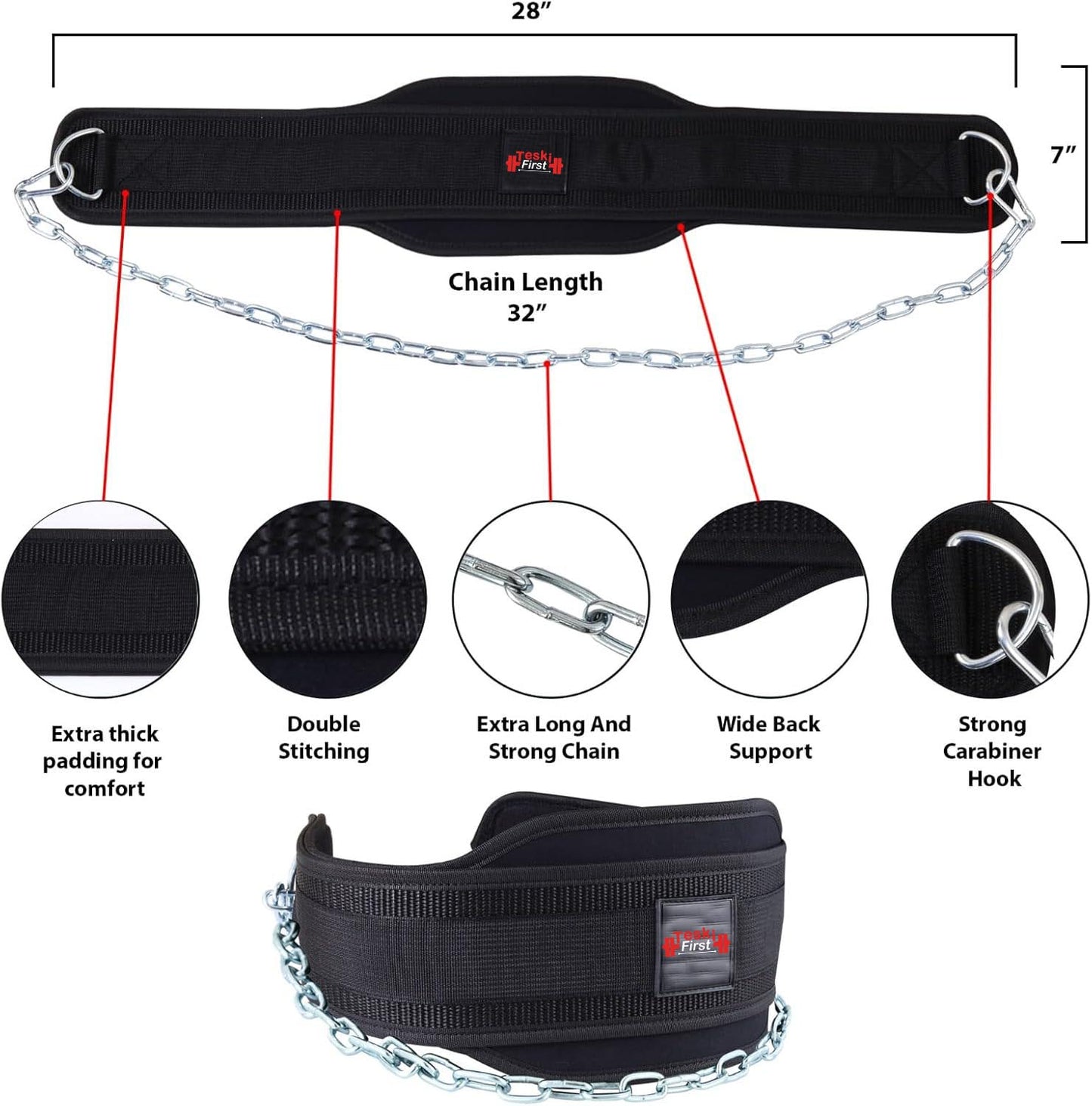 Dip Belt with Chain for Men, Weight Belt Heavy Duty 36" Steel Chain Weightlifting Dipping Powerlifting Deadlift Women Dips Bodybuilding Adjustable Carabiners Support