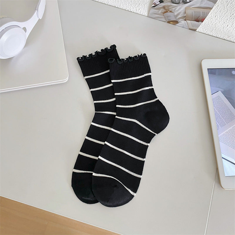 Black And White Openwork Breathable Women's Small Mid-calf Lace Women's Socks