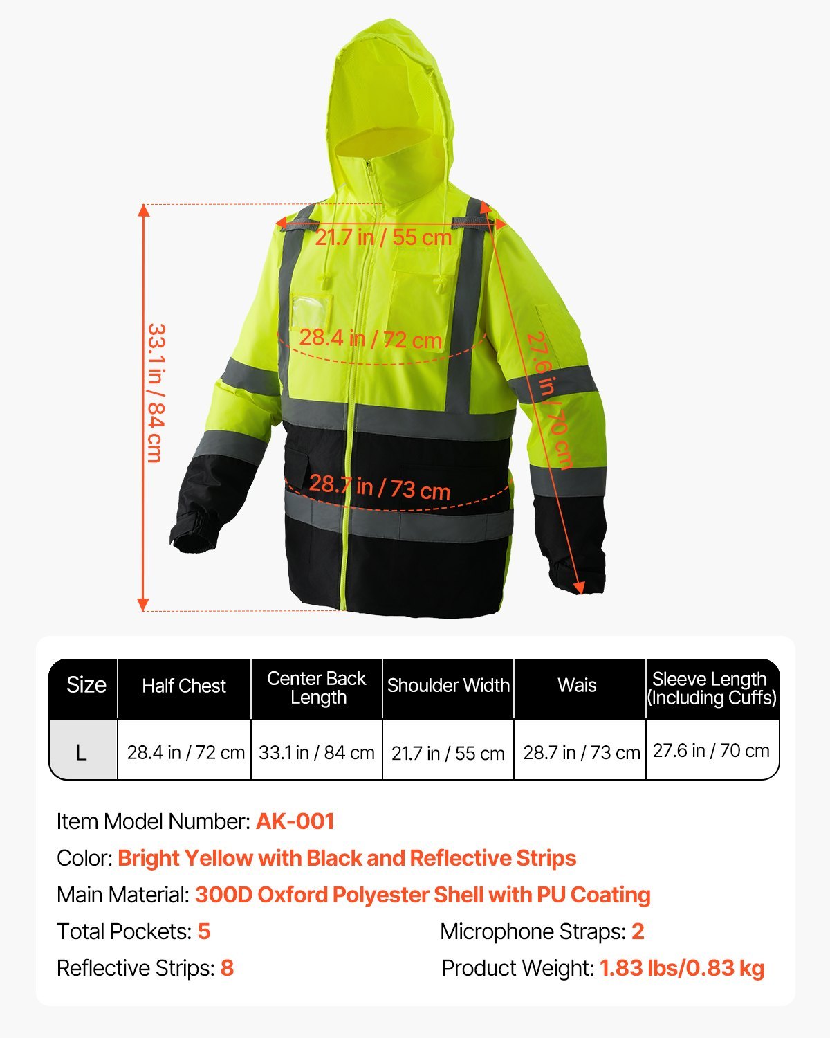 High Visibility Reflective Safety Jacket Waterproof Hoodie Yellow With Black L