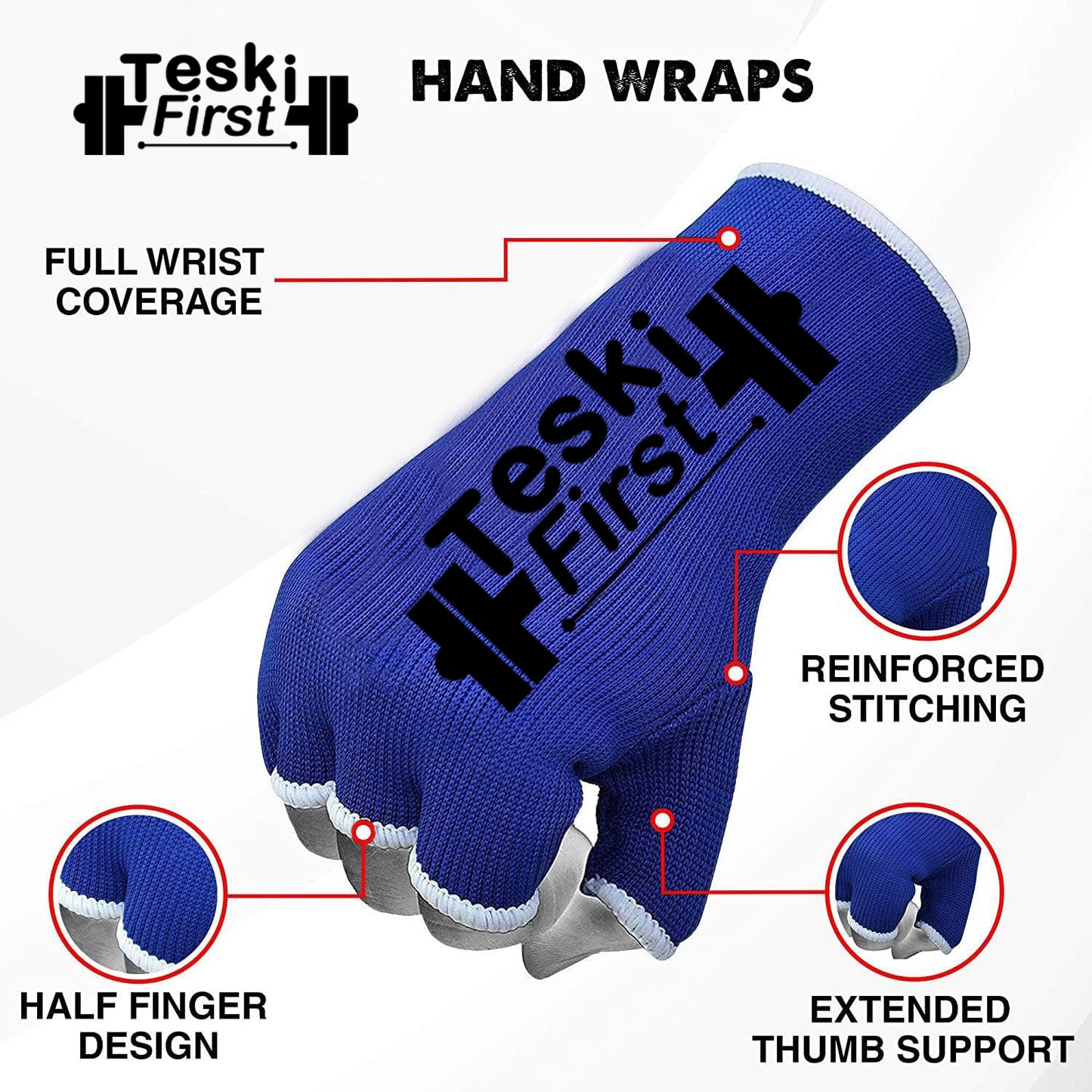 Boxing Hand Wraps Half Finger Inner Gloves for Punching - Elasticated Bandages Fist Protection - Great for MMA, Muay Thai, Kickboxing, Martial Arts Training, Combat Sports, Home Gym Workouts