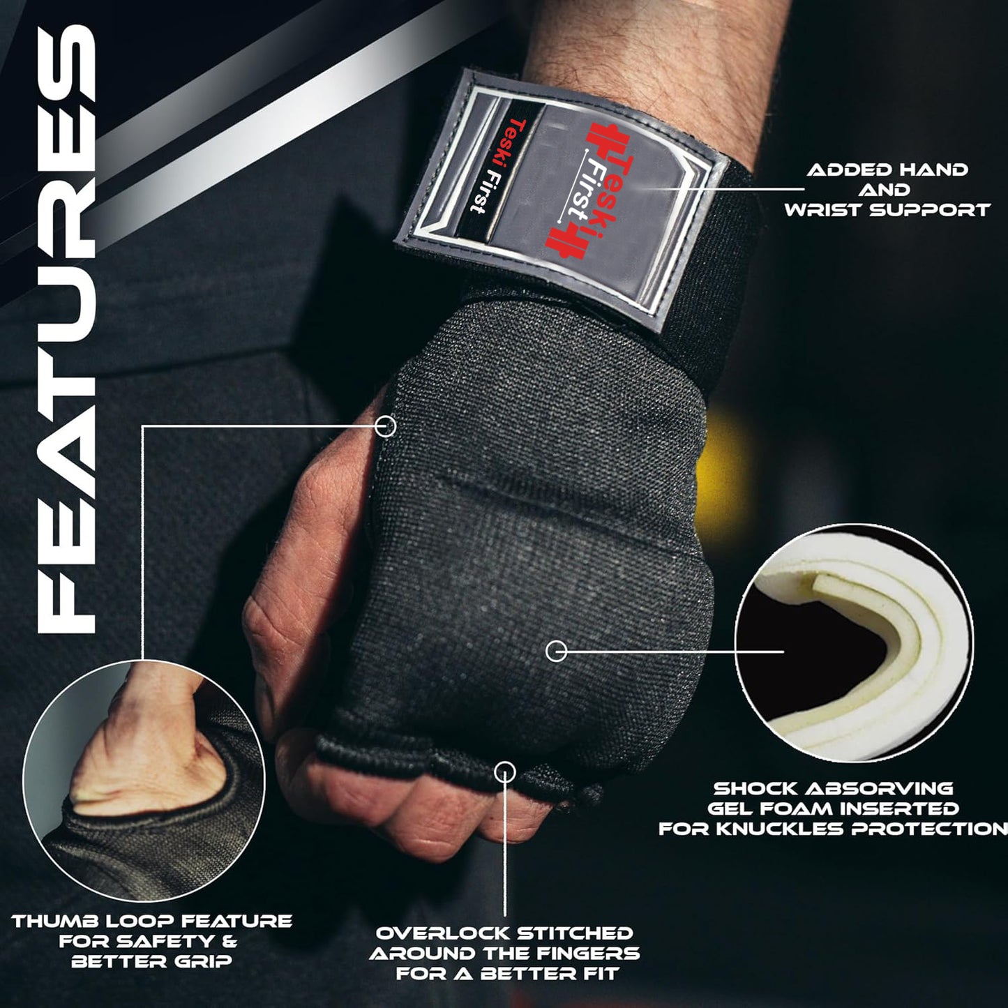 Inner Gloves with Hand Wraps Quick Wrap Long 36" Wrist Support MMA Muay Thai Bandages Punching Martial Arts Training Men Women Kickboxing Bandages Under Bag Gloves