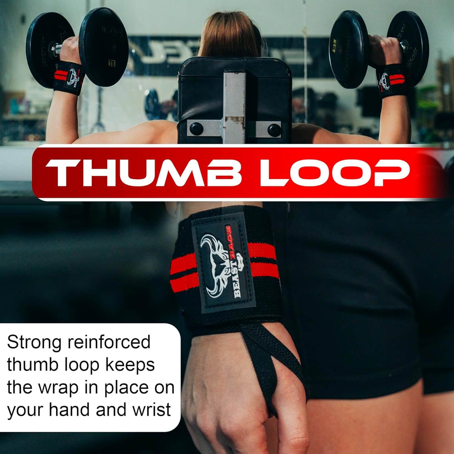 Wrist Wraps for Weightlifting - Adjustable Lifting Straps With Thumb Loop for Enhanced Gym Support displayed on a user with dumbbells.