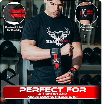 Wrist Wraps for Weightlifting - Adjustable Lifting Straps With Thumb Loop for Enhanced Gym Support worn by a weightlifter.