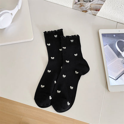 Black And White Openwork Breathable Women's Small Mid-calf Lace Women's Socks