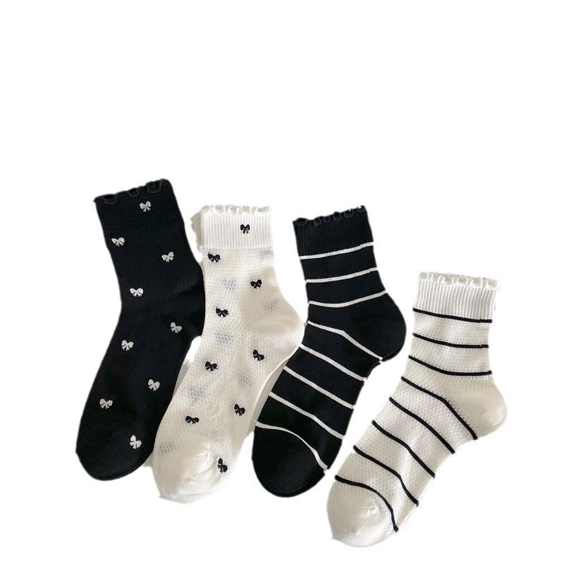 Black And White Openwork Breathable Women's Small Mid-calf Lace Women's Socks
