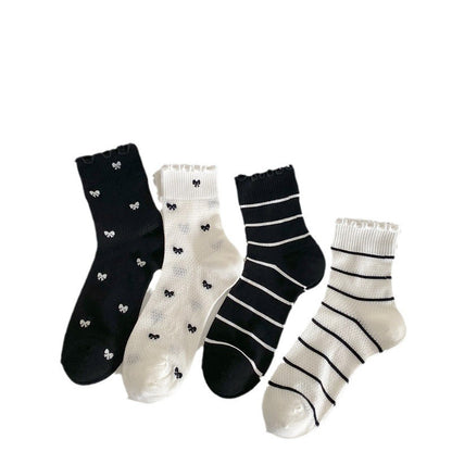 Black And White Openwork Breathable Women's Small Mid-calf Lace Women's Socks