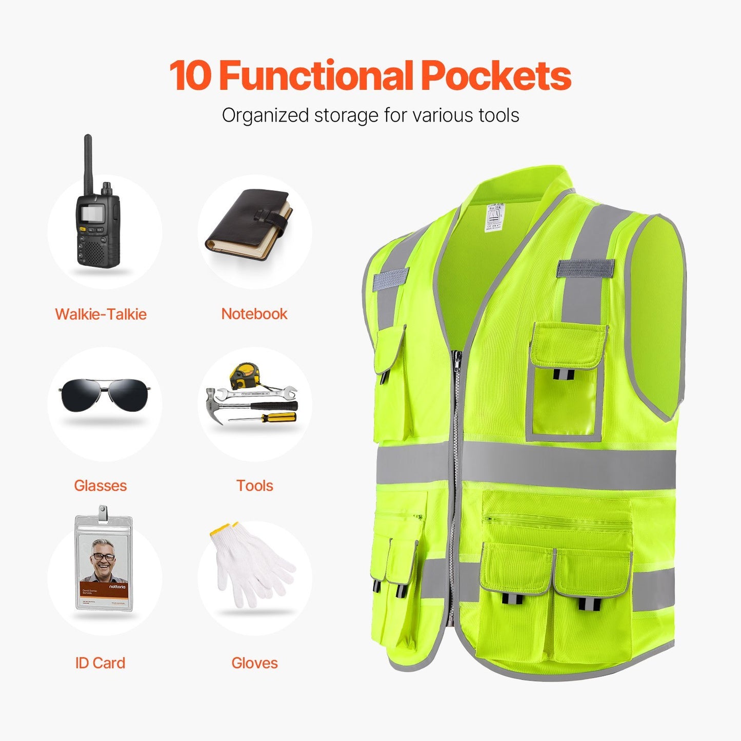 Safety Vest Reflective Yellow Work Vest With 10 Pockets For Men And Women
