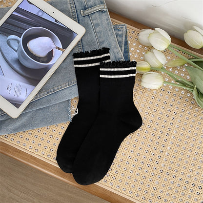Black And White Openwork Breathable Women's Small Mid-calf Lace Women's Socks