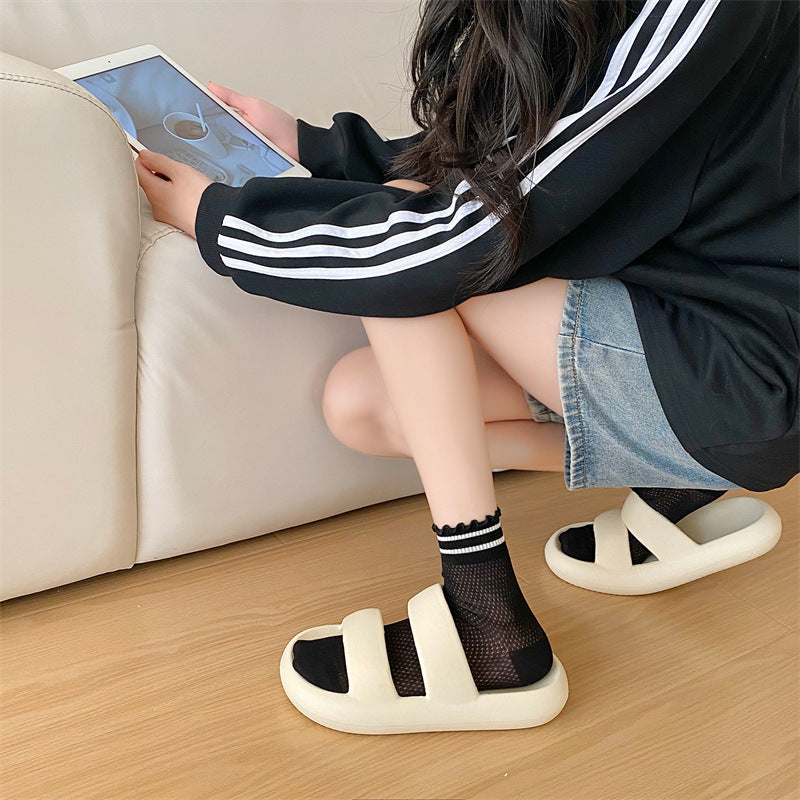 Black And White Openwork Breathable Women's Small Mid-calf Lace Women's Socks