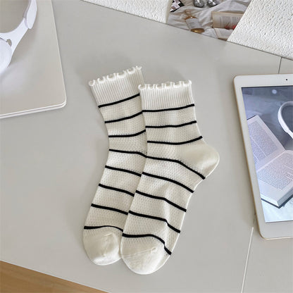 Black And White Openwork Breathable Women's Small Mid-calf Lace Women's Socks